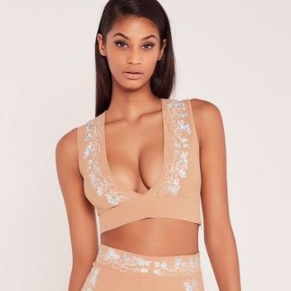 Missguided Tops - Carli Bybel X Missguided Embroidered Tan Crop Top